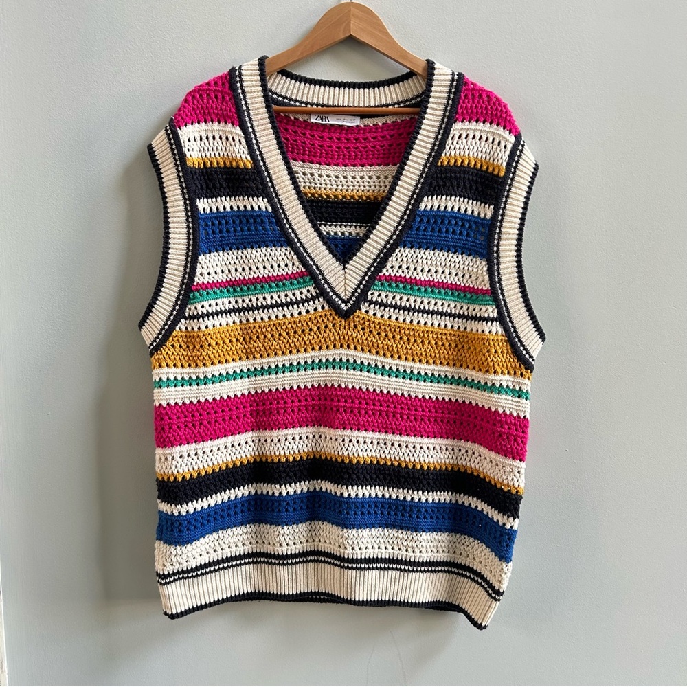 Zara Multicolored Striped V-Neck Oversized Sleeveless Knit Vest, Size Large - Picture 4 of 10